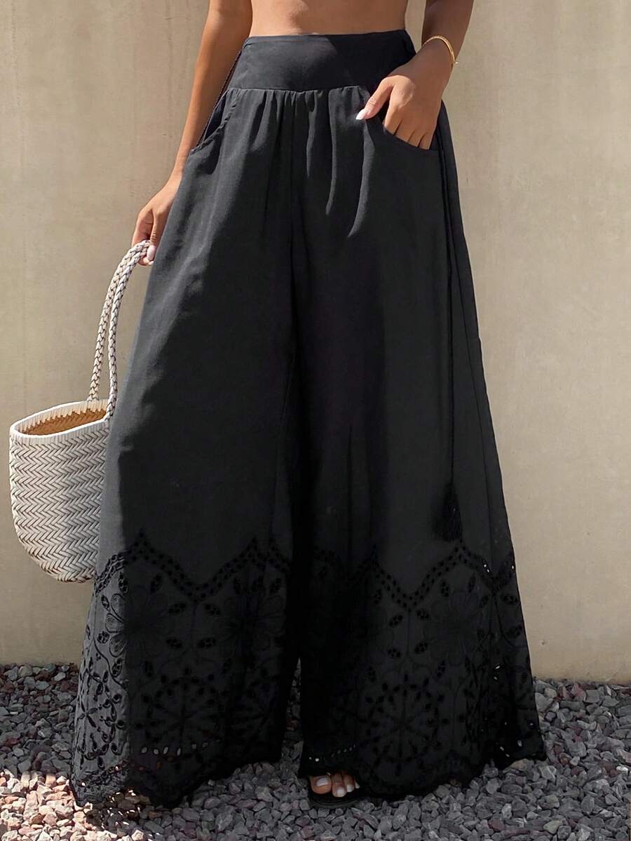 Livesso Women's Lace Tie-Up Hollow Out Solid Color Pants, White, Summer - Black - View 1