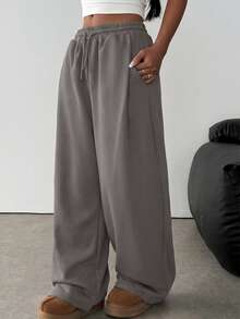 SHEIN Teen Girl Loose Fit Drawstring Pocket Wide Leg Sweatpants In Dark Grey - Dark Grey - View 4