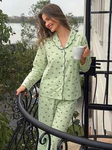DAZY 2pcs Cute Bow & Cherry Print Contrast Color Embroidered Collar Women Pajama Set, Spring/Summer - Green - View 6
