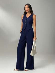 SHEIN Tall Women's Solid Color V-Neck Button Front Tank Top And Slant Pocket Casual Pants 2-Piece Set, Tall Women - Navy Blue - View 3