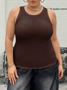 SHEIN CURVE+ 大码女式休闲基础款修身白色露肩背心，夏季舒适面料 - 棕色 - 查看 6