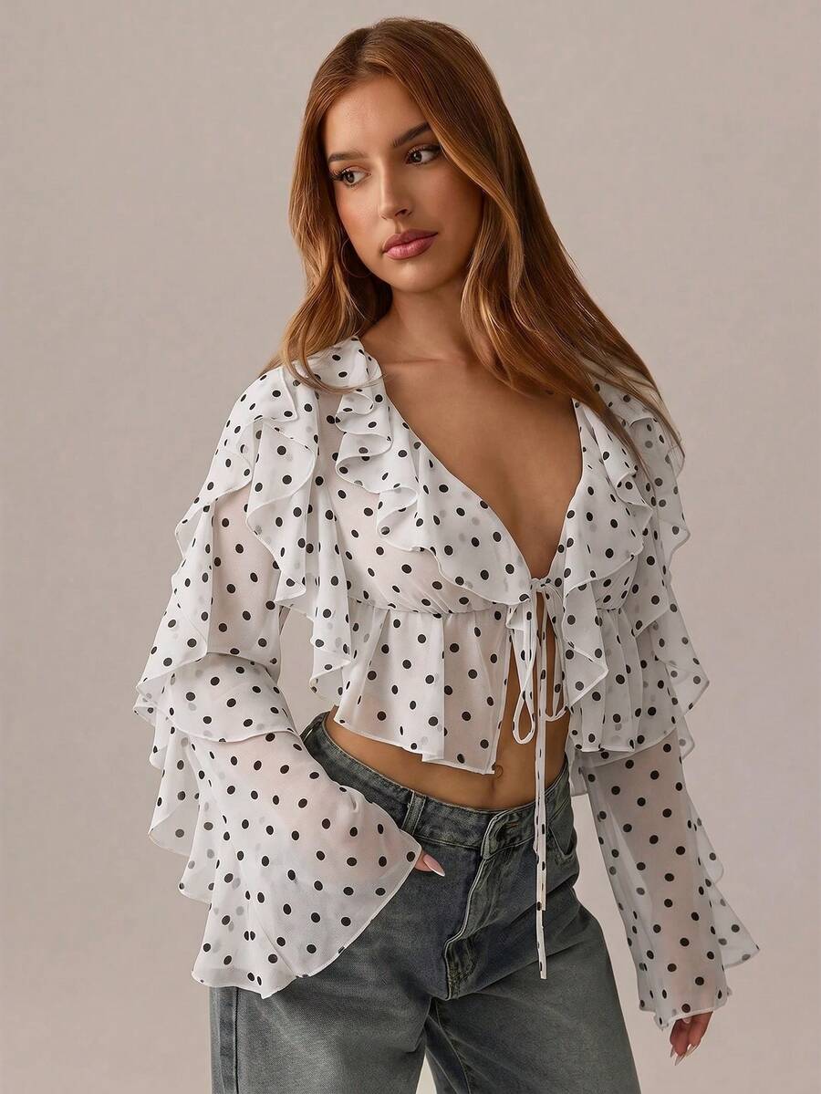 Radiana Women's White Polka Dot Ruffled Crop Top Tie Front V Neck Long Sleeve Blouse - Black and White - View 1