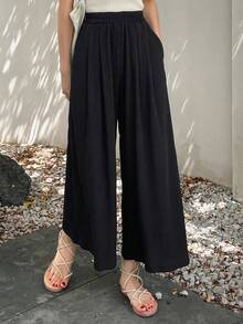 Solid Wide-Leg Leisure Trousers For Holidays - Negro 3 - View 4