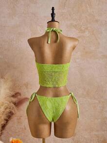 Bellisia 26SS Spring Summer Beach Party Vacation Lime Green Lace Floral Trim Cute Sweet Bow Bikini Set 2pcs Sexy - Green - View 2