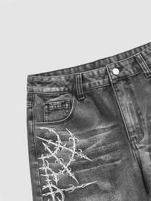 ROMWE MEN Goth Men's Casual Graphic Print Frayed Hem Washed Black Denim Shorts - Light Grey - View 3