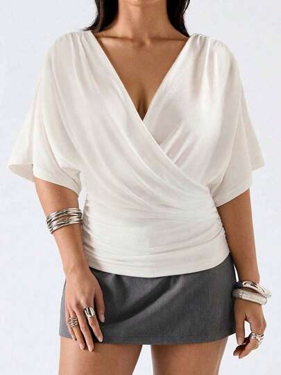 SHEIN EZwear Plus Size Summmer Casual Elegant Solid Color Wrap Ruched T-Shirt Clothes For Ladies Wrap Tops For Women Cute Tops For Women New T Shirt Blouses For Women Designer Top White Blouse Blouse For Women Casual Modern Blouses For Women New T Shirt Quater Sleeve Top Brunch