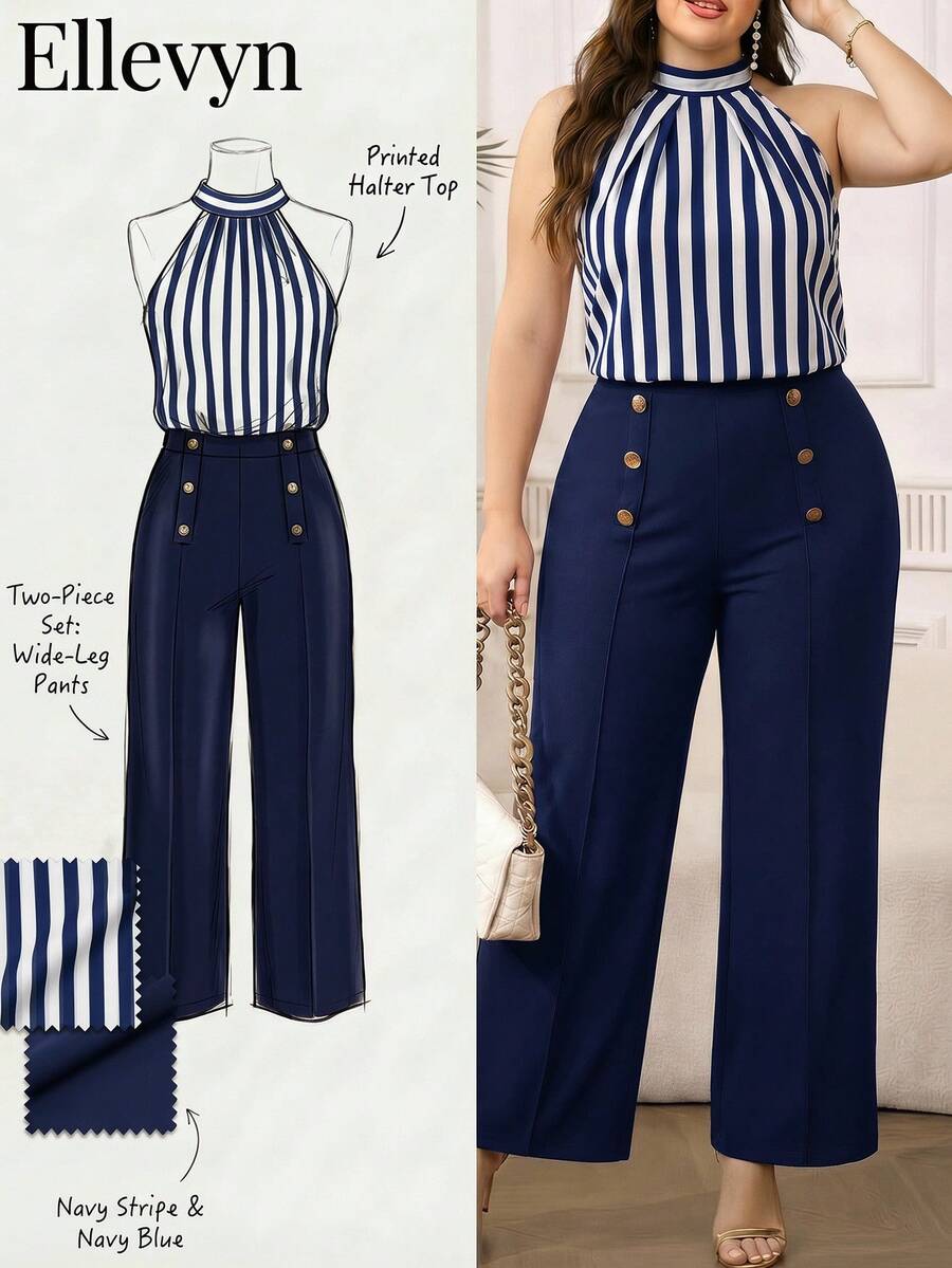 Ellevyn Conjunto de 2 peças plus size casual de verão com top halter listrado e calça. - Azul - Ver 1
