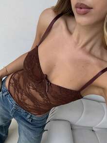 Aloruh 女士优雅蕾丝透视连体衣，饰有3D蝴蝶结 - 棕色 - 查看 5