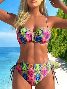Swim Lushoire Women's Summer Beach Vacation Retro Print Gathered Underwire Bikini Set Top Paired With High Waist Drawstring Swim Shorts Bikini Set - Multicolor - View 1