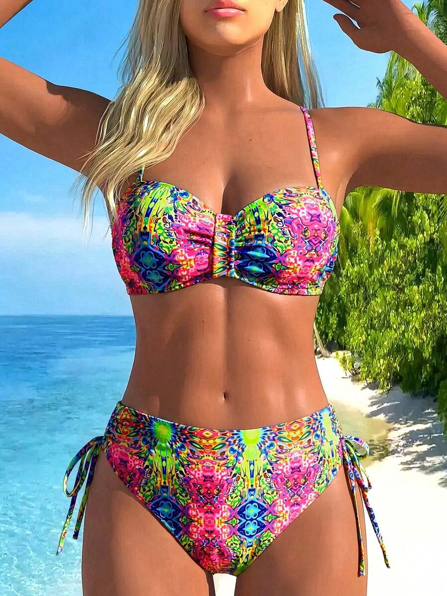 Swim Lushoire Women's Summer Beach Vacation Retro Print Gathered Underwire Bikini Set Top Paired With High Waist Drawstring Swim Shorts Bikini Set - Multicolor - View 1