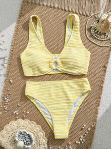 Swim Vcay Women's Striped Contrast Color Ring Buckle Bikini Set, Swimwear - Yellow - View 5