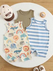 SHEIN Bộ 3 món áo liền quần cho bé trai/bé gái/unisex họa tiết hoạt hình và kẻ sọc dễ thương, áo liền quần cơ bản mùa hè, áo liền thân cho trẻ sơ sinh. - Nhiều màu - Xem 3