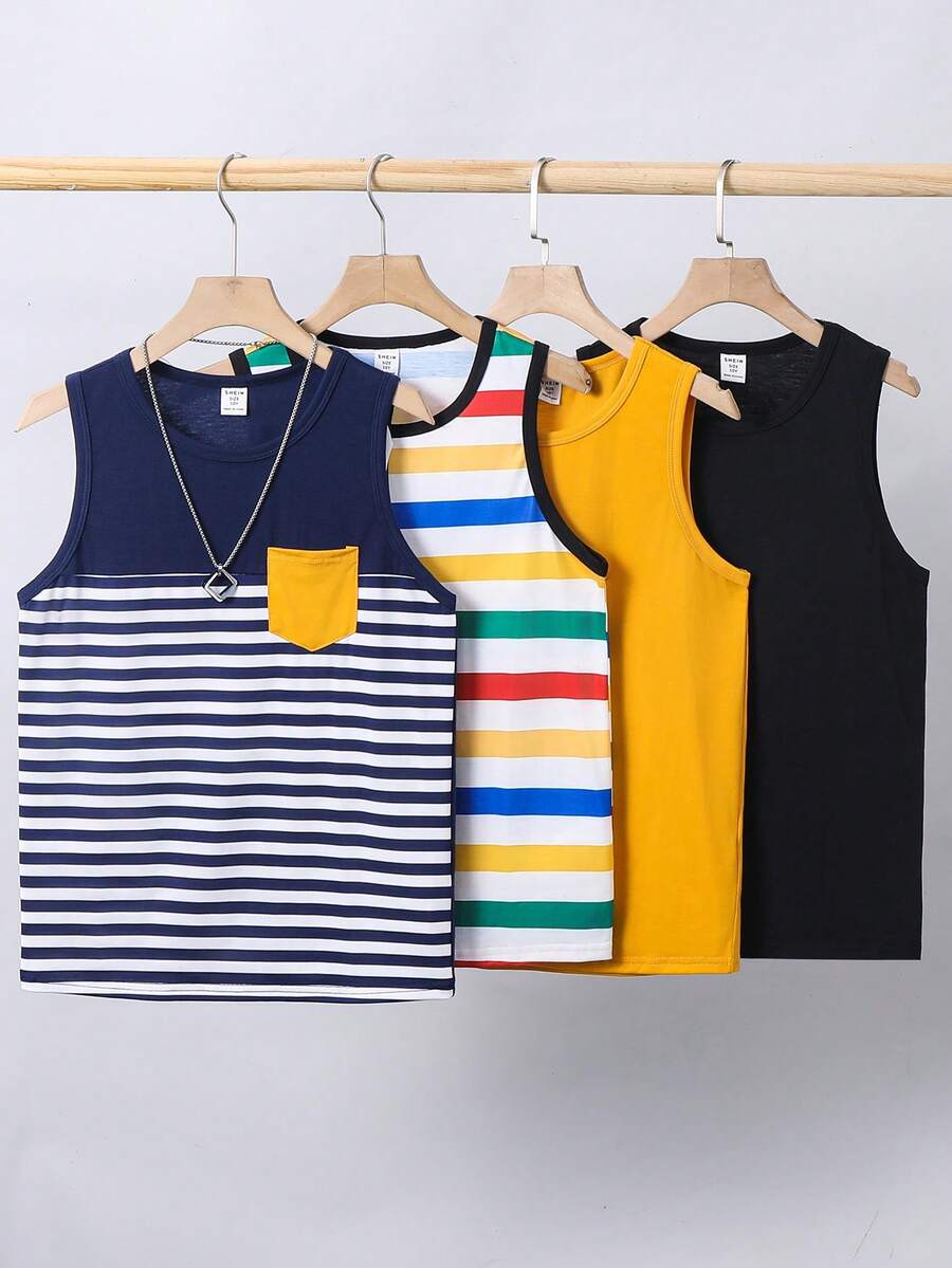 SHEIN 买一送四!青少年男童5件套舒适字母拼接休闲背心,适合户外活动、学校、居家休闲、专业运动、度假、夏季穿着。 - 彩色 - 查看 1