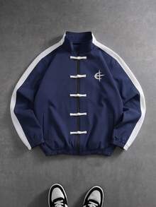 PAVTROS Chaqueta de manga larga con cuello alto y cremallera, con estampado gráfico de contraste, para hombre - Azul - Ver 3