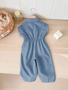 SHEIN LMoss Kids Bộ áo liền quần ngắn tay cổ bẻ dễ thương mùa hè cho bé gái - Màu xanh bụi bặm - Xem 2