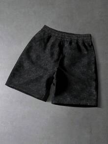 Manfinity EMRG 男士深灰色夏季街頭風城市度假水洗短褲，復古圖案美元符號班傑明·富蘭克林印花，Y2K哥德風休閒短褲 - 彩色 - 查看 3