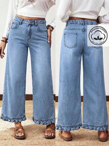 EMERY ROSE Plus Size Women Street Casual Comfortable Mid-Blue Non-Stretch Ruffle Hem Straight Leg Jeans - Light Wash - View 1
