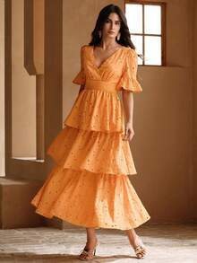 Anewsta Elegant V-Neck Orange Woven Vacation Dress For Women - Orange - View 3