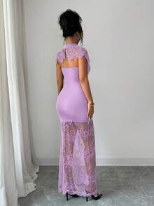 SHEIN Elenzya Solid Color Lace Patchwork Hollow Out Sheer Fitted Short Sleeve Dress - Purple - View 2