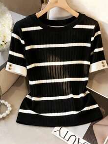 Franclia Plus Size Round Neck Short Sleeve Striped Elegant Casual T-Shirt - Black - View 1