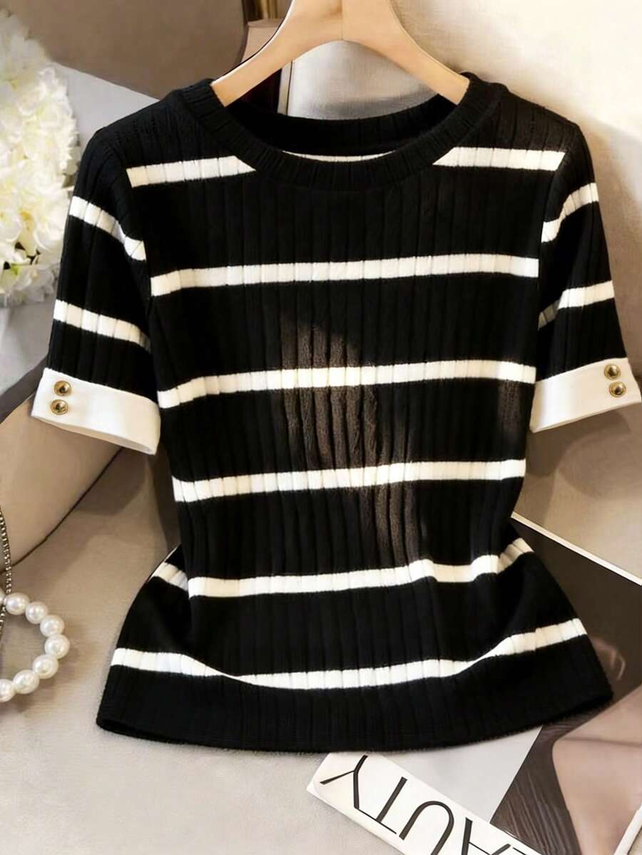 Franclia Plus Size Round Neck Short Sleeve Striped Elegant Casual T-Shirt - Black - View 1