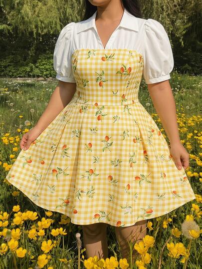 SHEIN MOD Plus Size Summer 2 In 1 Yellow Plaid Printed Dress, Fruit & Floral Pattern, Suitable For Daily Outing, Holiday Gathering, Dining Party, 2 In 1 Patchwork Design