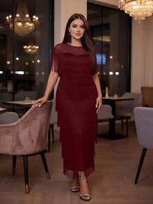 SHEIN Lady CURVE Váy dài tay ngắn cổ tròn dệt kim màu đen dáng rộng tua rua lưới tương phản mùa xuân và mùa thu và mùa đông thanh lịch, kín đáo, tiệc cưới ngày lễ tình nhân, tiệc cocktail, hòa nhạc - Màu Đỏ Sâu - Xem 4