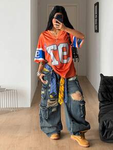 Coolane 女款夏季街頭風運動 Y2K 時尚派對夜生活校園日常返校演唱會網格數字圖案球衣 T 恤 - 彩色 - 查看 4