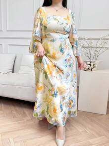 SHEIN CURVE+ Plus Size Elegant Floral Print Long Dress - Multicolor - View 4