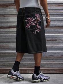 AXEPEAK Pantalones cortos de mezclilla casuales y holgados con bordado floral para hombres - Negro - Ver 4