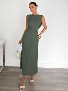 Siren Gaze Vestido con cintura plisada para mujer, vestido con escote pronunciado y espalda descubierta, vestido de oficina elegante y sexy, vestido de vacaciones, único y de moda, para oficina, elegante, sexy, vacaciones, playa, Hawái, temporada de bodas, vestido de graduación, vestido de gala formal para mujer, vestido de cóctel para mujer, cuello drapeado, vestido de cumpleaños para mujer, vestido de novia para mujer, vestido espalda descubierta - Verde - Ver 4