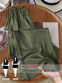 SHEIN Tall CURVE 大码女式豹纹字母贴花口袋阔腿休闲裤 - 橄欖綠 - 查看 3