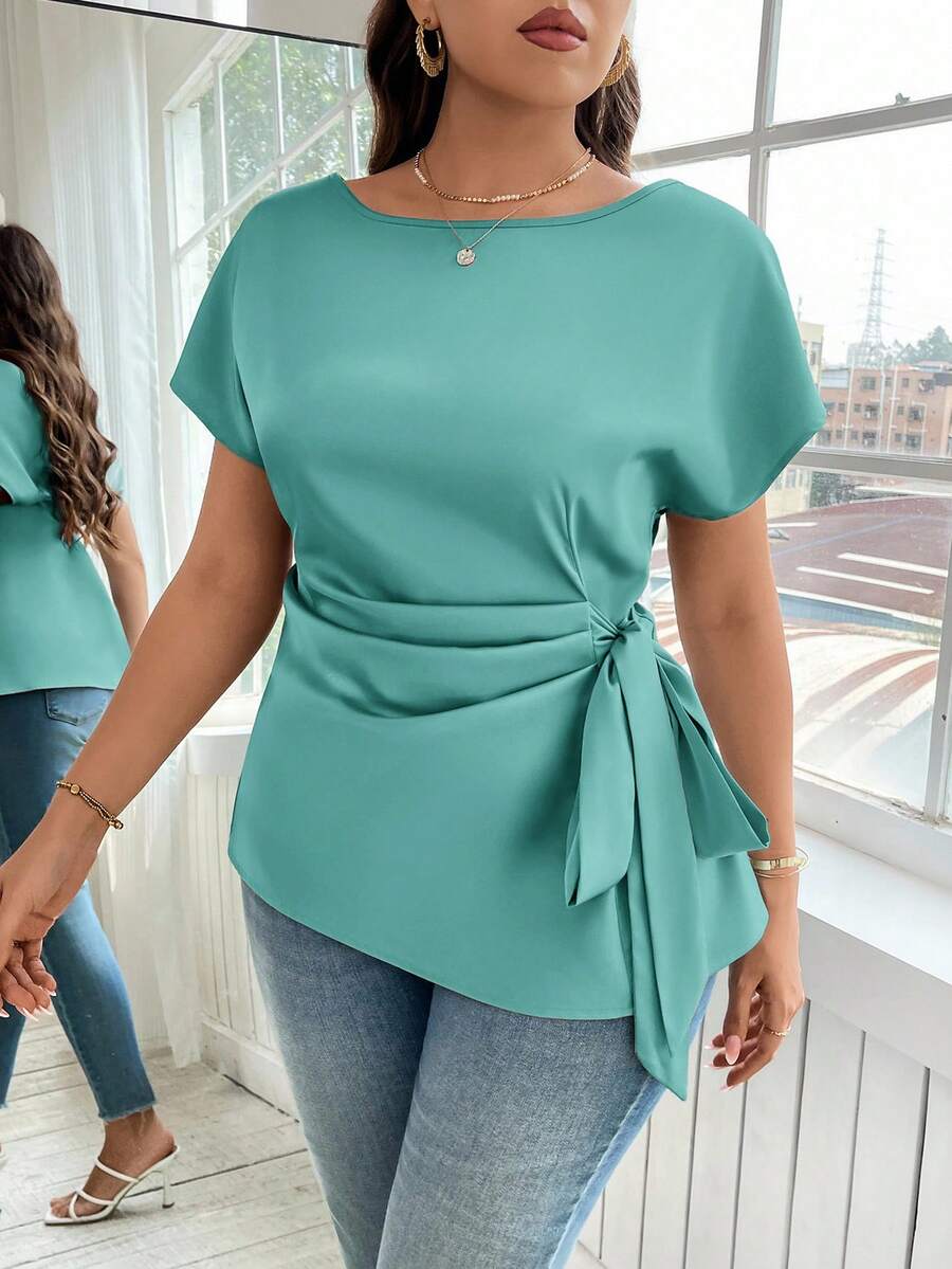 Reflora Plus Size Solid Color Round Neck Twist Pleated Elegant Short Sleeve Blouse - Mint Blue - View 1