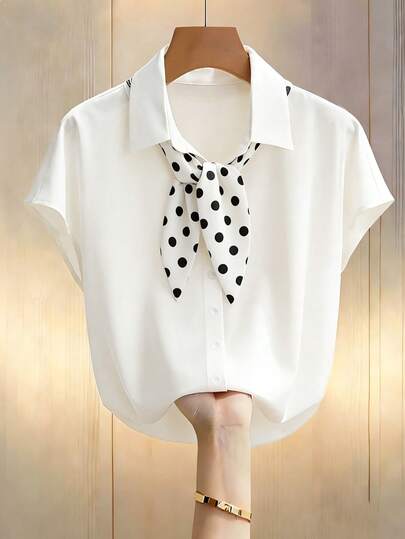 GlowEve CURVE Blusa elegante de manga corta con botones y estampado de lunares, talla grande