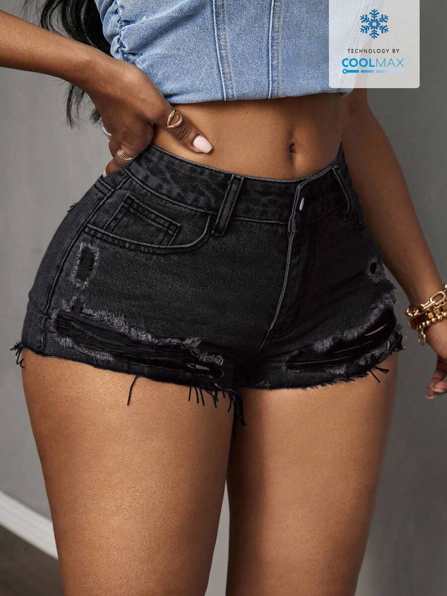 Slaydiva Shorts vaqueros desgastados de talla grande para el verano - Negro - Ver 1