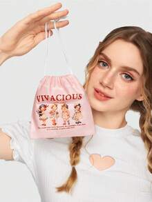 ROMWE Kawaii Túi đựng mỹ phẩm, ví đựng tiền xu, cỡ lớn, kiểu hoạt hình retro, in hình cô gái, mã sản phẩm 442464 - Màu Hồng baby - Xem 3