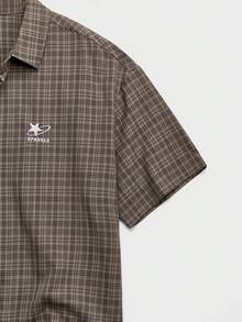 EASEVO Plus Size Men's Embroidered Plaid Print Button-Front Casual Short Sleeve Shirt, Vacation, Father's Day Gifts - Brown - View 4