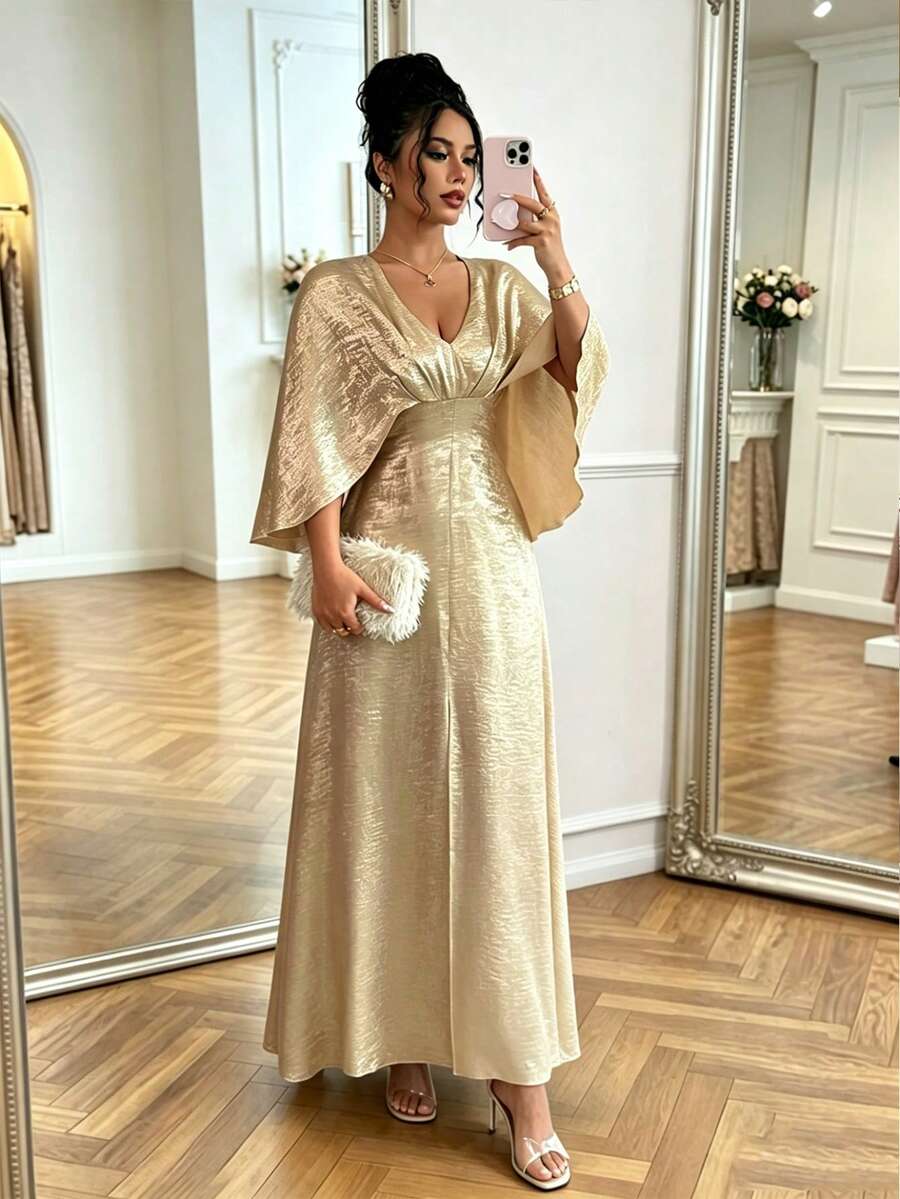 Elenzga Đầm dạ hội thanh lịch thiết kế sang trọng tối giản hở lưng tay cánh dơi xếp ly mới cho nữ - Vàng - Xem 1