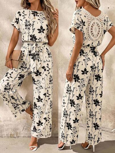 Ellevyn Women's Spring/Summer Floral Print Bat Sleeve Contrast Lace Belted Jumpsuit, Suitable For Beach & Holiday