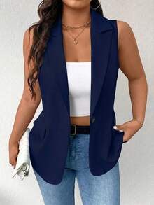 EMERY ROSE Plus Size Women Thin Casual Minimalist Sleeveless Blazer - Navy Blue - View 5