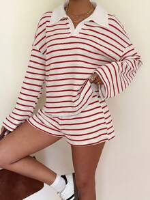 2026 Nuevo Conjunto informal de 2 piezas de camiseta de manga larga con hombros caídos y cuello de solapa a rayas y pantalones cortos para mujer - Rojo y blanco - Ver 6
