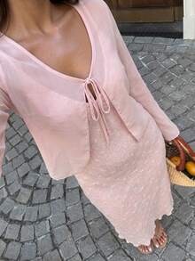 Joudiya Conjunto de 2 piezas para mujer de top corto de gasa rosa con nudo delantero, falda de encaje texturizada y vestido de tirantes finos, para primavera y verano, uso casual en casa/playa/vacaciones/viajes - Rosa - Ver 8