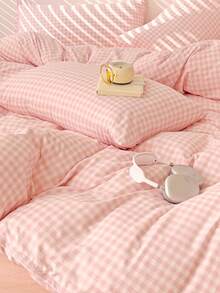 Cirelle 3pcs Pink Checkered Quilt Cover Set – Jacquard Textured Super Soft Polyester Bedding, Breathable & Machine Washable (1 Cover + 2 Pillowcases, No Insert), For Double/Queen/King Bed, Student Dorm & Home - Pink - View 8