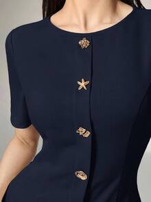 Heiryn Elegant Commuter Asymmetric Buckle Pleated Dress For Women - Navy Blue - View 2