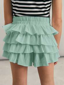 SHEIN Tween Girls' Casual Solid Color Skirt Shorts - Mint Green - View 2