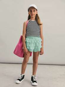 SHEIN Tween Girls' Casual Solid Color Skirt Shorts - Mint Green - View 5