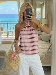 SHEIN EZwear Women's Striped Casual Versatile Halter Top - Multicolor - View 8