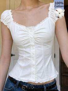Glimmora Y2K Vintage Ruffle Puff Sleeve Blouse Women Casual Slim Fit Crop Top - White - View 1