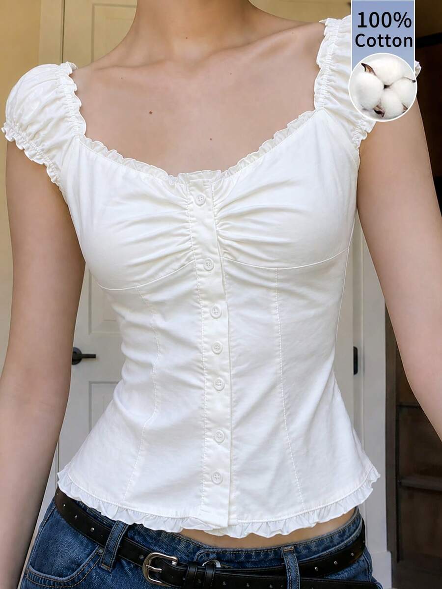 Glimmora Y2K Vintage Ruffle Puff Sleeve Blouse Women Casual Slim Fit Crop Top - White - View 1