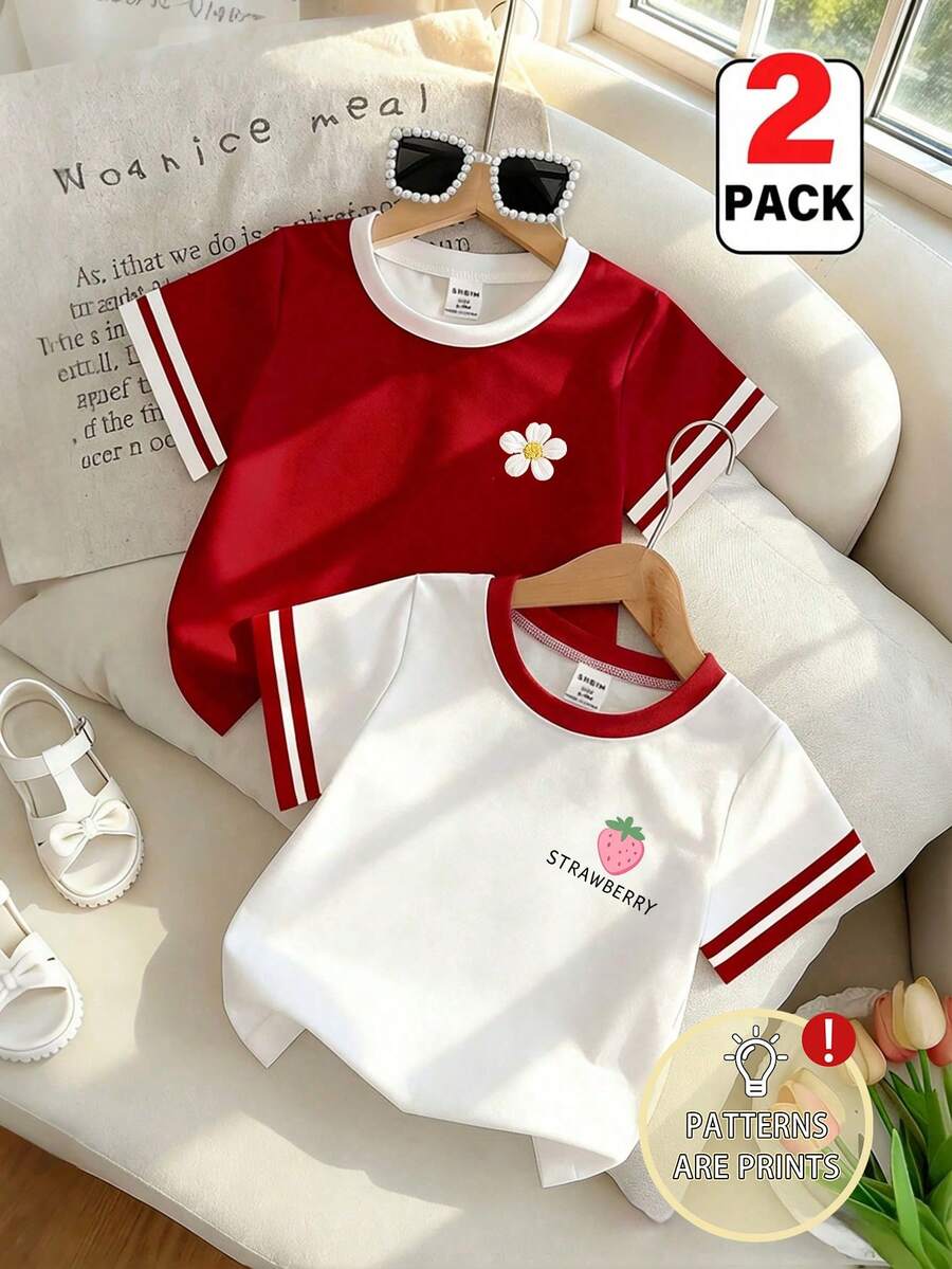 2pcs/Set Girls' T-Shirts,White And Red Strawberry Floral Print Cute Summer School Tops,Fashion Street Style Comfortable Tee For 8Y-12Y Daily Wear - Multicolor - View 1